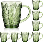 Reallnaive Green Drinking Glasses Set of 8, Boho Aesthetic Vintage Glassware Fern Paisley Carving Textured Tumbler Water Cups Embossed Pattern Drinkware Cocktail Set for Xmas Gift (10 oz,with Handle)