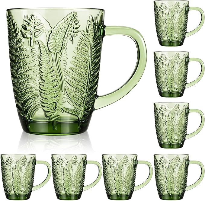 Reallnaive Green Drinking Glasses Set of 8, Boho Aesthetic Vintage Glassware Fern Paisley Carving Textured Tumbler Water Cups Embossed Pattern Drinkware Cocktail Set for Xmas Gift (10 oz,with Handle)