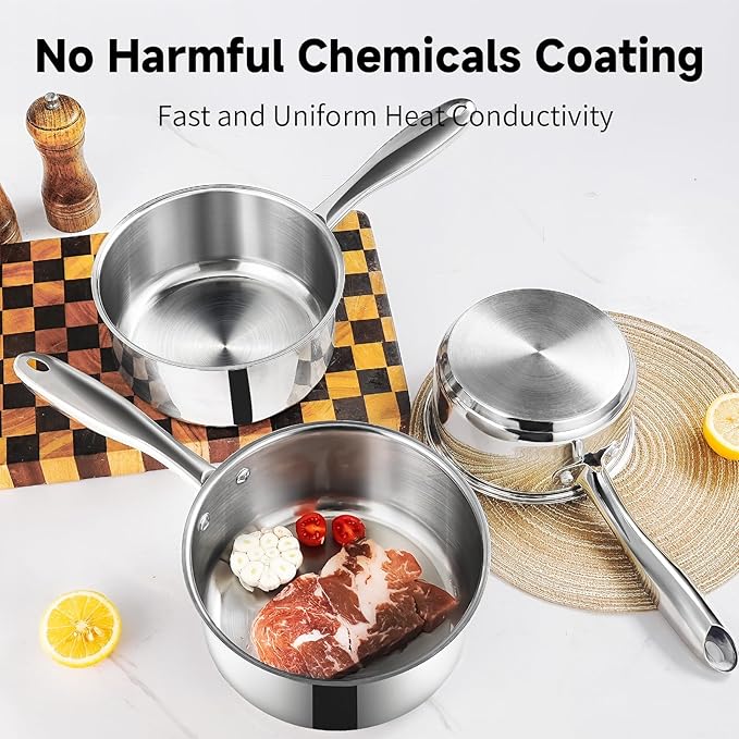 SLOTTET 1Qt & 2Qt & 3QT Stainless Steel Sauce Pan Set with Lid,6 Pcs Non Stick Saucepan,Small Kitchen Pots,Induction Compatible,PFOA FREE