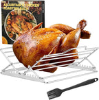 Adjustable Chicken Roasting Rack,Non-Stick Roasting and Cooling Rack, Stainless Steel Foldable Roasting Rack,V-Shaped Stand for Turkey Chicken Includes basting Brush (Silver)