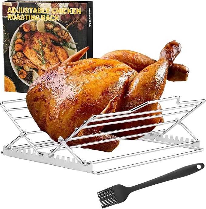Adjustable Chicken Roasting Rack,Non-Stick Roasting and Cooling Rack, Stainless Steel Foldable Roasting Rack,V-Shaped Stand for Turkey Chicken Includes basting Brush (Silver)