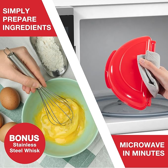 Microwave 2 in 1 Omelet Maker and Egg Cup Cooker - Make Easy Poached, Fried, or Scrambled Eggs w Removable Tray- Steel Whisk & Recipe Book included - Amazing Breakfast Sandwiches in Minutes- PVC Free