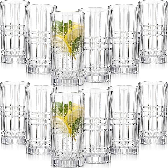 Uiifan Set of 12 Tall Highball Glasses 12 oz Crystal Drinking Glasses Clear Fancy Cups Vintage Textured Designer Glassware for Cocktail Tea Water Beer Soda Beverages, Dishwasher Safe (Modern Style)