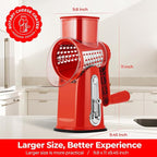SUSTEAS Rotary Cheese Grater with Handle - Vegetable Shredder with 5 Well-designed Blades & Strong Suction Base,Round Mandoline Slicer & Food Chopper for Kitchen,with Blade Storage Box(Red)