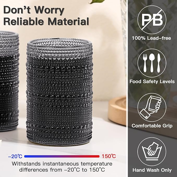 JOVGANK Grey Vintage Hobnail Drinking Glasses Set of 6, Embossed Water Tumbler 15oz, Kitchen & Bar Beaded Highball Glasses, Beverage Glass Cups for Water, Beer, Juice, Housewarming, Mother's Day Gift