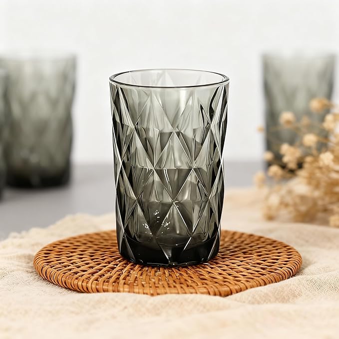 Bandesun Drinking Glass set of 6 Diamond Pattern Kitchen Glassware Tumbler（12 OZ Gray），for Water，Cocktail，Milk，Juice and Beverage.