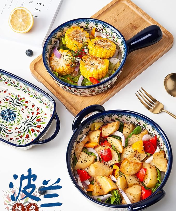 Vintage Style Tulip Flower Pattern Ceramic Bakeware Casserole Dish Baking Pan Lasagna Pans Baking Dish with Handles for Oven/Cooking/Kitchen-1 PCS-32 OZ