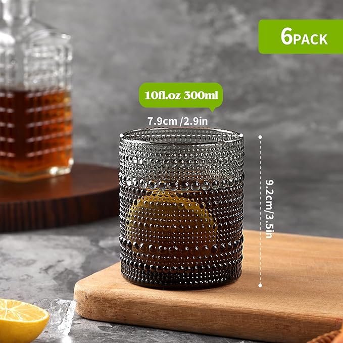 Moretoes Cocktail Glasses 10 oz Hobnail Drinking Glasses Set of 6, Vintage Glassware, Textured Glass Cups Bubble Glasses Water Glasses Old Fashion Jupiter Glasses Set (Gray)