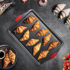 Baking Sheet Set, 2-Piece Large Cookie Sheet Set with Silicone Handles, Steel Baking Pan, Baking Sheets for Oven, BPA Free Nonstick Set, Half Sheet Pans, Black Baking Tray