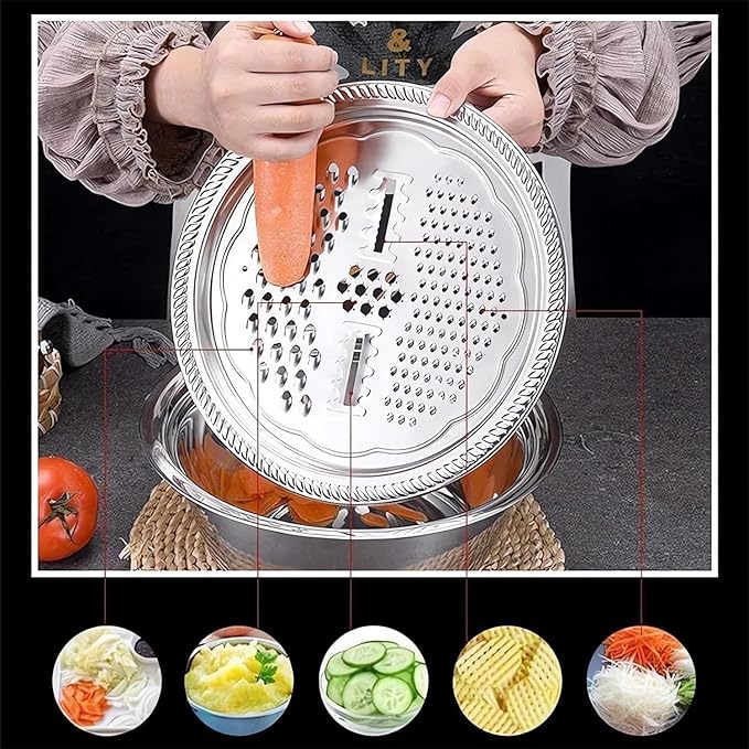 Germany Multifunctional Stainless Steel Basin,Multifunction Stainless Steel Basin with Grater 3 in 1 Vegetable Cutter for Kitchen, Vegetable Slicer Grater Strainer and Drain Basket(10.2)