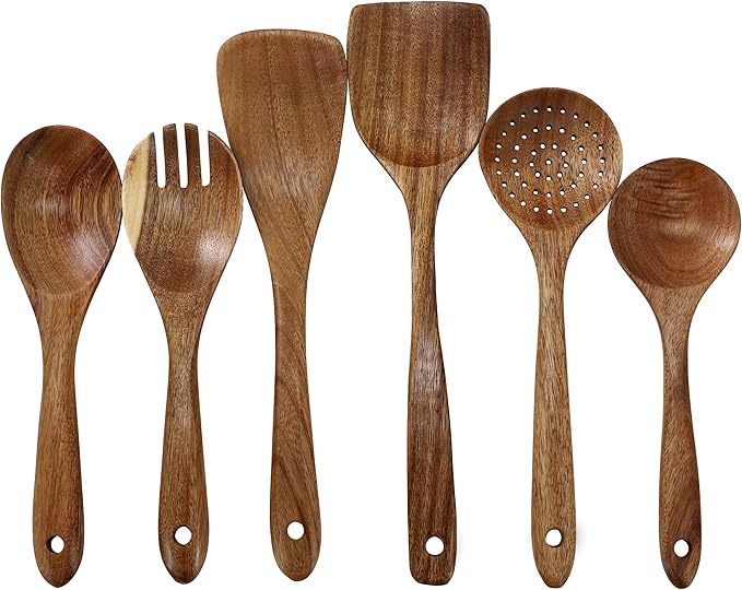 Elama 7 Piece Acacia Wood Kitchen Cooking Utensil Set and Rotating Kitchen Utensil Crock, Cooking Tools, Kitchen Utensils, Countertop Storage (7 Piece Solid)