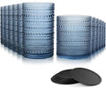 Hobnail Drinking Glasses Set of 12 Count, Vintage Glassware, Old Fashioned Glasses, 6 Highball Bubble Drinking Cups 14.5 oz, 6 Rocks Cups 10 oz with 6 Silicone Coasters, Blue