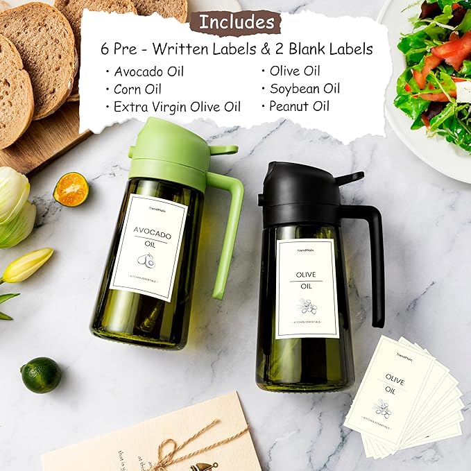 TrendPlain - Original 16oz/470ml Olive Oil Dispenser Bottle for Kitchen Gadgets and Air Fryer Accessories - Olive Oil Sprayer for Cooking w/Stickers - 2 Black