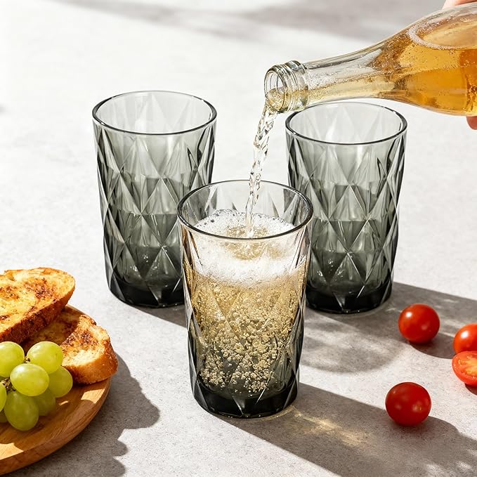 Bandesun Drinking Glass set of 6 Diamond Pattern Kitchen Glassware Tumbler（12 OZ Gray），for Water，Cocktail，Milk，Juice and Beverage.