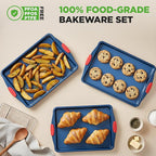 NutriChef 3-Piece Nonstick Cookie Sheets for Baking - Premium Carbon Steel Baking Trays w/ Non-Stick Smooth Coating & Silicone Handles - Large, Medium, & Small Bakeware - Blue