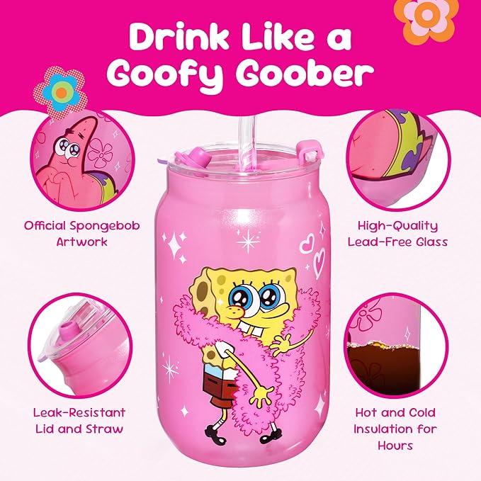 Dragon Glassware x SpongeBob SquarePants 16 oz Drinking Glasses Set of 2 - Glass Cups with Lids and Straws - Iced Coffee Cups with Lids - Reusable Glass Tumbler with Straw and Lid - SpongeBob - Pink