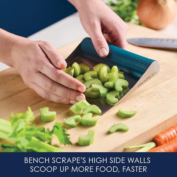 Rachael Ray Tools and Gadgets Kitchen Prep, Garbage Bowl with Lid, Bench Scrape, Veggie Peeler, 4 Piece Food Prep Set - Marine Blue