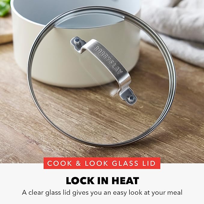 GreenPan x Bobby Flay 1.67QT Nonstick Saucepan with Glass Lid, PFAS-Free Diamond Ceramic, Induction Suitable, Stay-Cool Silicone Handle, Easy Clean Dishwasher & Oven Safe, Chef Pan, Cream