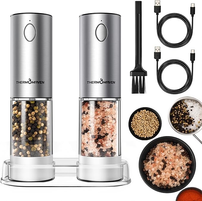 ThermoMaven 110ml Rechargeable Electric Salt and Pepper Grinder Set - 6 Adjustable Coarseness, Washable Parts, Built - in LED for Easy and Accurate Grinding, 2 Packs, Pearly White