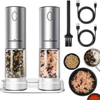 ThermoMaven 110ml Rechargeable Electric Salt and Pepper Grinder Set - 6 Adjustable Coarseness, Washable Parts, Built - in LED for Easy and Accurate Grinding, 2 Packs, Pearly White