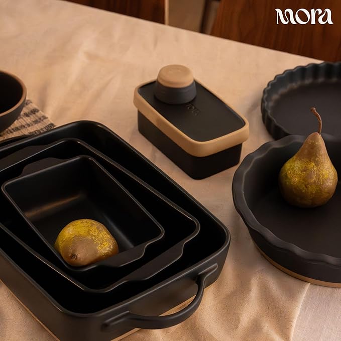 Mora Ceramic Set of 2 Baking Dishes For Casserole, Banana Bread, Brownies, Broiling, Roasting, and Baking. 7x11 in and Loaf Pans - Porcelain Serving Bakeware from Oven to Table. Freezer Safe - Liquorice