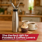Chef Master (2 Pint / 1 Liter) Stainless Steel Whipped Cream Dispenser - Decorating Tips for Desserts, Latte + Cleaning Brush - Whip Cream Dispenser Canister for Home, Bakery or Restaurant - 90079