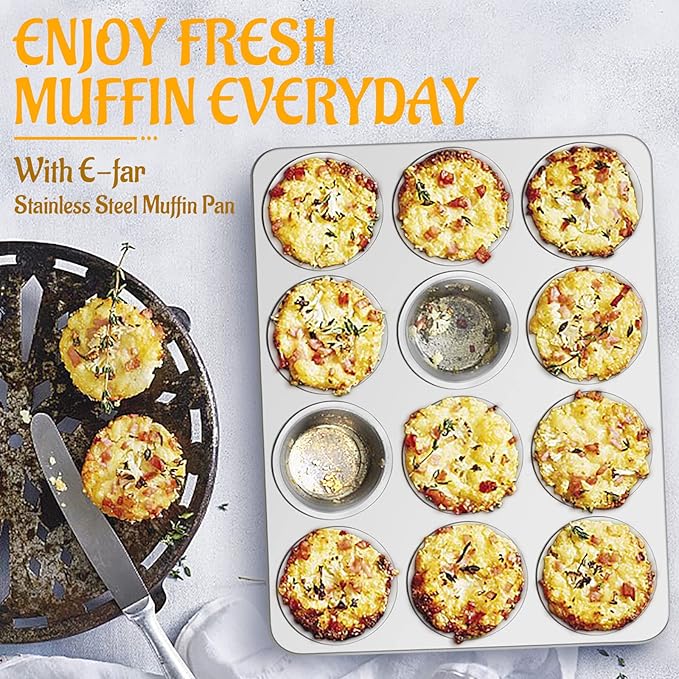 E-far Stainless Steel Muffin Pan Set of 5, 12 Cups Cupcake Pans Tins for Baking, Non-Toxic Metal Muffin Tray Molds for Small Mini Cupcake, Heavy Duty & Regular Size, Rust Free & Dishwasher Safe