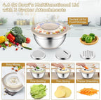 P&P CHEF Mixing Bowls with Lids Set of 3, Stainless Steel Mixing Bowl and Colander for Kitchen, 3 Grater Attachments & Non-Slip Bottoms, Visible & Airtight Lid, Khaki