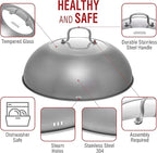 YOSUKATA Wok Lid 13.6 Inch - Premium Stainless Cover with Tempered Glass Insert Steam Holes - Dishwasher-Safe Lid for 14-Inch Wok - Chees Melting Dome for Griddle