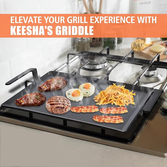 24'' Carbon Steel Griddle, Professional Pre-seasoned Cookware for Double Burner Stovetop and Gas/Charcoal Grill, Heavy Duty Dual-Handle Large Family Size Griddle