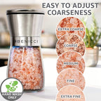 Stainless Steel Salt and Pepper Grinder Set of 2 (5oz) – Manual Adjustable Ceramic Mills – Grinders with 5 Coarseness Levels – Refillable Glass Shakers, No Batteries – Includes Spoon & Brush
