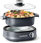 Stariver 3L Non-Stick Hot Pot Electric with Dual-Power Control,Electric Shabu Shabu Pot with Removable Pot, Electric Pot with Tempered Glass Lid for Party, Family Gathering（Silver）