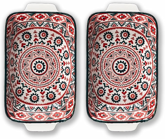Au Gratin Baking Dish, Single Serving Dish Set of 2 with Handle, Ceramic Casserole Dish for Oven, Vintage Bohemian Bakeware for Fruit, Salads, Desserts, 8.8 Inch, Small Individual (Rectangular)