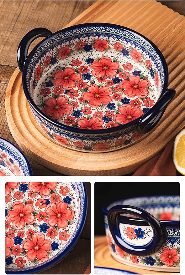 Vintage Style Cherry Blossom Flowers Pottery Bakeware Ceramic Casserole Dish Baking Pan Lasagna Pans Baking Dish with Handles for Oven to Table-1 PCS, 32 oz