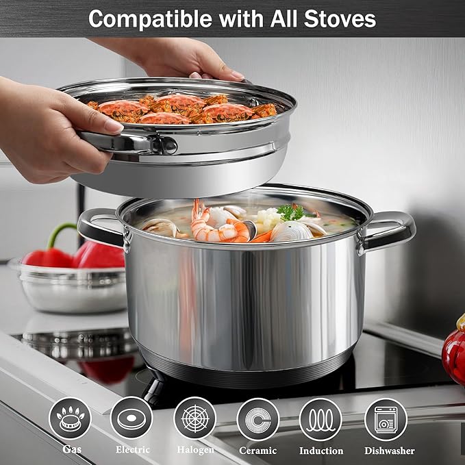 AuFranc® 6 Quart 18/10 Stainless Steel Tri-ply Stockpot and Steamer with Tempered Glass Lid, Multipurpose Steamer Pot Compatible with All Cooktops, Non-Toxic Soup Pot, Oven & Dishwasher Safe (Silver)