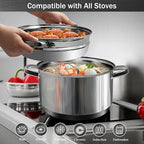 AuFranc® 6 Quart 18/10 Stainless Steel Tri-ply Stockpot and Steamer with Tempered Glass Lid, Multipurpose Steamer Pot Compatible with All Cooktops, Non-Toxic Soup Pot, Oven & Dishwasher Safe (Silver)