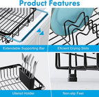 Expandable Stainless Steel Dish Drying Rack Over The Sink For Small Kitchen, Counter Space Saving Compact Black Metal Plate Drain Strainer, Adjustable Hanging In Sink Rust Proof Wire Dryer Holder