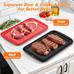 Serving Trays for Party - Set of 4, Large Serving Platters for Raw and Cooked Food, Dishwasher Safe, 17×10.5-inch Stackable Plastic Party Supplies for Grilling, BBQ, Meal Prep (Red, Black)