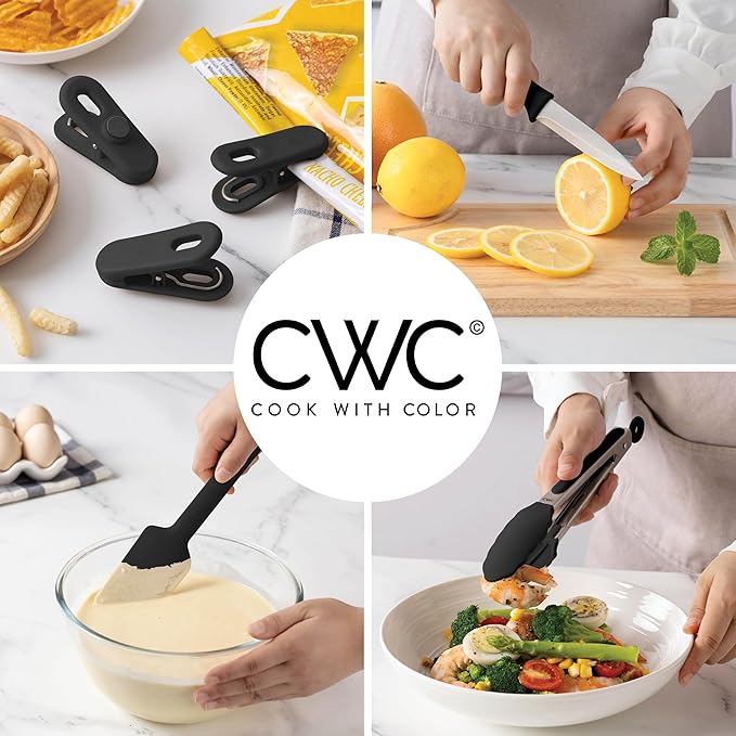 COOK WITH COLOR Bamboo Kitchen Utensil Set with Drawer Organizer | Cooking Tools and Storage Caddy, Black, 18 Piece Gadget Set