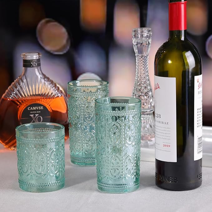 abrwyy Glassware set of 4, Vintage Drinking Glasses, 10oz Heavy Duty Glass Cups, Colored Glassware Set, Embossed Glasses Set for Party Wedding Home Office Glassesware Gift