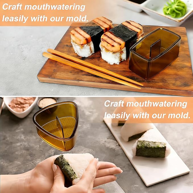 3PCS Clear Amber Onigiri Rice Ball Mold Maker Kit, Musubi Press, Triangle Sushi Press for Kid Lunch Bento, Non-stick, BPA-Free