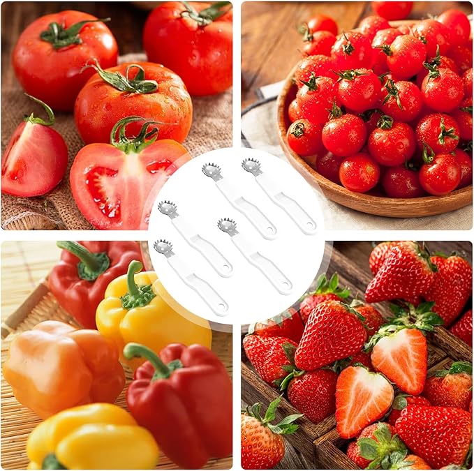 5 Pcs Tomato Corer Tool Strawberry Huller Stem Remover, Handle with hole, Stainless Steel, Fruit Corer Tool for Tomato Strawberry (White)
