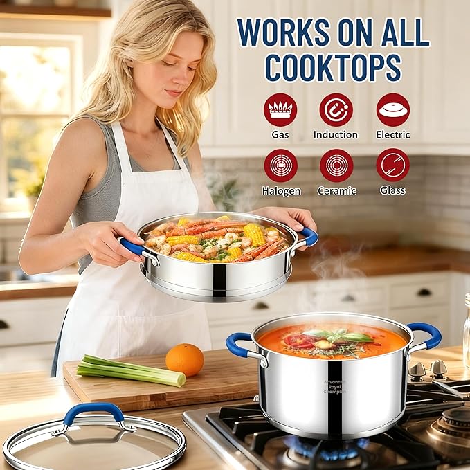 ARC 6QT Stainless Steel Stock Pot w/Steamer Basket, Multi-steamer Pot With Tempered Glass Lid for Cooking, Multipurpose Cookware with Silicone Handle for Veggies, Soup, Seafood, Induction-Ready