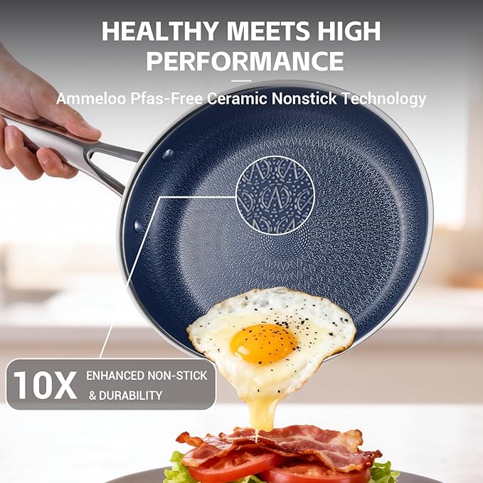 Ammeloo Hybrid Stainless Steel Cookware Set, 17-Piece Tri-Ply Pots and Pans Set Non Stick, Induction Kitchen Cookware Sets, Dishwasher & Oven Safe, PFOA Free, All Cooktops Compatible, Navy Blue
