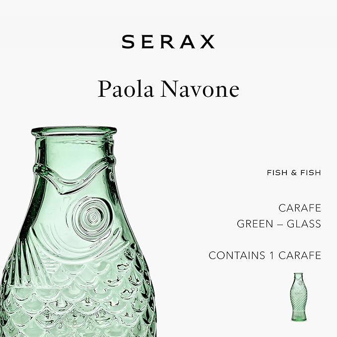 Serax Glass Water Pitcher | Fish & Fish glassware by Paola Navone | Wine Carafe Decanter 28.74 fl oz | Clear Green Bottle Container for hot & cold Drinks | Fridge Beverage Dispenser, Suitable as Vase