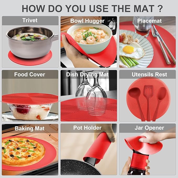 2 in 1, Aidacom Microwave Mat & Food Cover- Mat as Bowl Holder, Cover for Splatter Guard, Multi-use: Silicone Trivet, Pot Holders, Drying, Baking, Place Mat, Utensils Rest for Kitchen Counter, Red