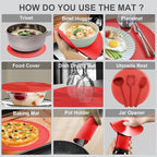 2 in 1, Aidacom Microwave Mat & Food Cover- Mat as Bowl Holder, Cover for Splatter Guard, Multi-use: Silicone Trivet, Pot Holders, Drying, Baking, Place Mat, Utensils Rest for Kitchen Counter, Red