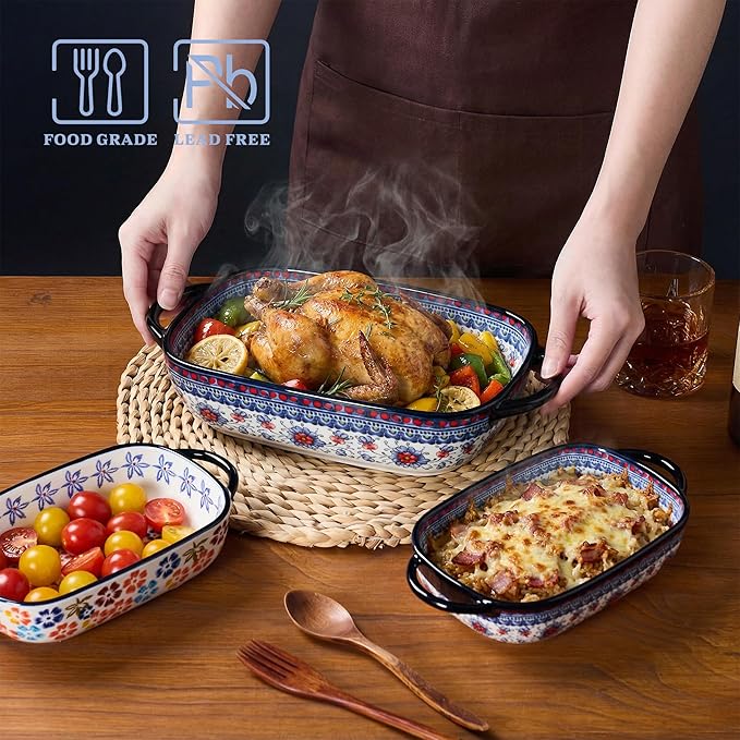 Ceramic Casserole Dishes for Oven, Hand-painted Polish Pottery Baking Dish Set of 2, 0.8QT / 2QT Porcelain Casserole Dishes with Handles, Baking Pan Lasagna Pan, Gift for Family/Friend (Blue)