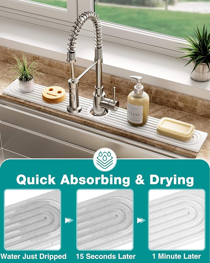 Stone Faucet Mat for Kitchen Sink, Diatomite Sink Protectors - Prevent Moisture Drying Stone Tray Fit Kitchen Counter & Bathroom Counter (White, 30"L x 4"W)