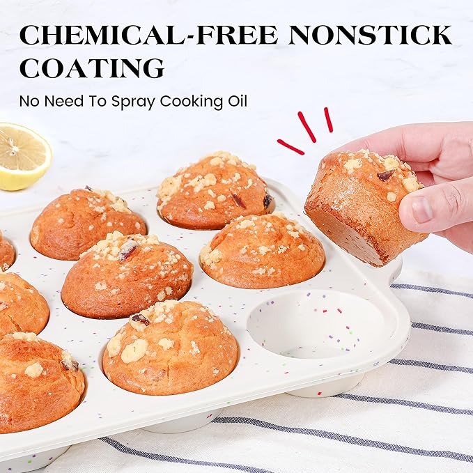 3 Pcs Silicone Baking Pan Set - Including 1 Pc Mini Loaf Pan, Standard Muffin Pan and Mini Muffin Pan - Silicone Cupcake Molds With Metal Reinforced Frame (Cream)